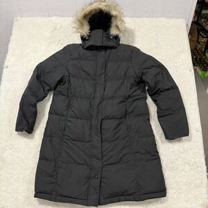 L.L.Bean Puffer Coat Parka Women L Black Downtek Removable Hood Faux Fur Trim